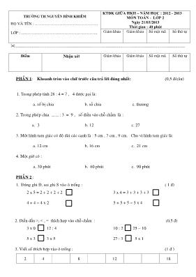 Đề kiểm tra định kỳ giữa học kỳ II môn Toán + Tiếng Việt Lớp 2 - Năm học 2012-2013 - Trường Tiểu học Nguyễn Bỉnh Khiêm